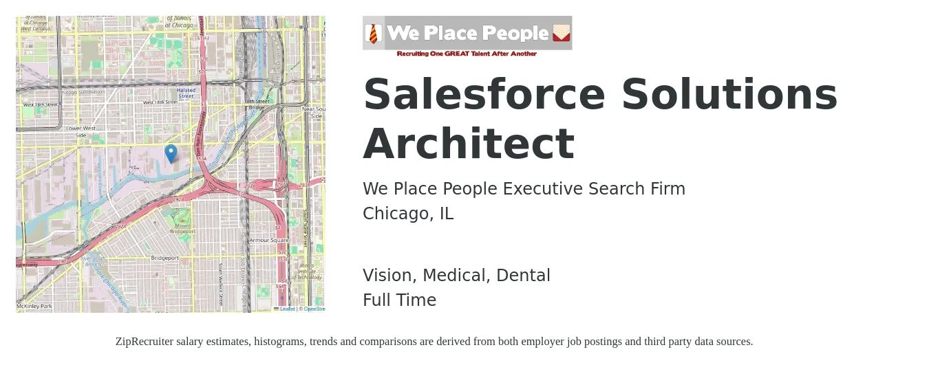 We Place People Executive Search Firm job posting for a Salesforce Solutions Architect in Chicago, IL with a salary of $71 to $88 Hourly and benefits including vision, dental, life_insurance, medical, and retirement with a map of Chicago location.