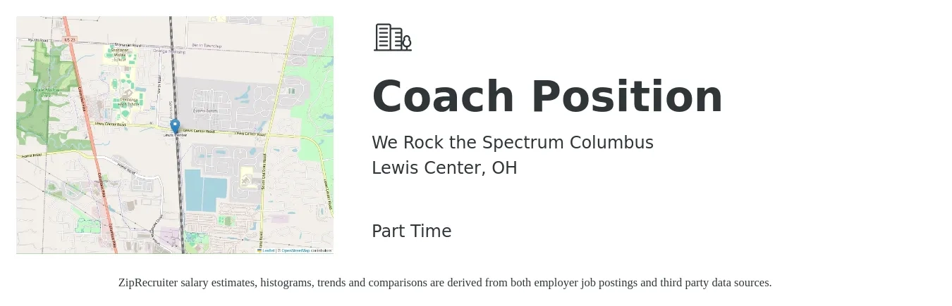We Rock the Spectrum Columbus job posting for a Coach Position in Lewis Center, OH with a salary of $16 to $20 Hourly with a map of Lewis Center location.