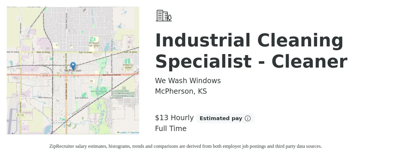 We Wash Windows job posting for a Industrial Cleaning Specialist - Cleaner in McPherson, KS with a salary of $14 Hourly with a map of McPherson location.