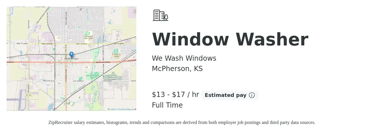 We Wash Windows job posting for a Window Washer in McPherson, KS with a salary of $14 to $18 Hourly with a map of McPherson location.