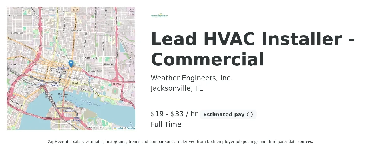 Weather Engineers, Inc. job posting for a Lead HVAC Installer - Commercial in Jacksonville, FL with a salary of $20 to $35 Hourly with a map of Jacksonville location.