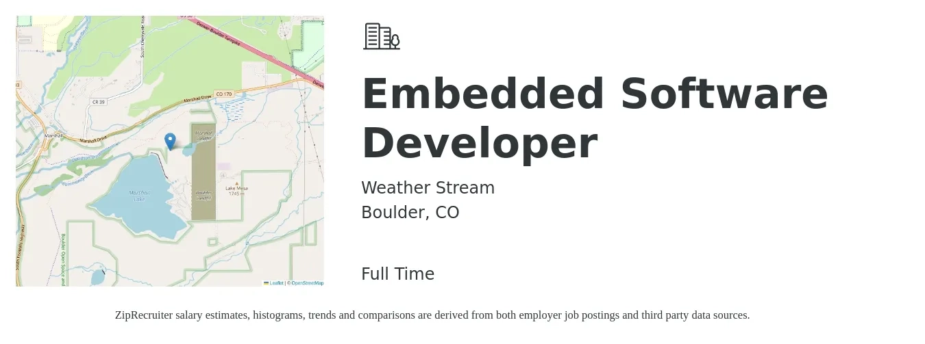 Weather Stream job posting for a Embedded Software Developer in Boulder, CO with a salary of $100,000 Yearly with a map of Boulder location.