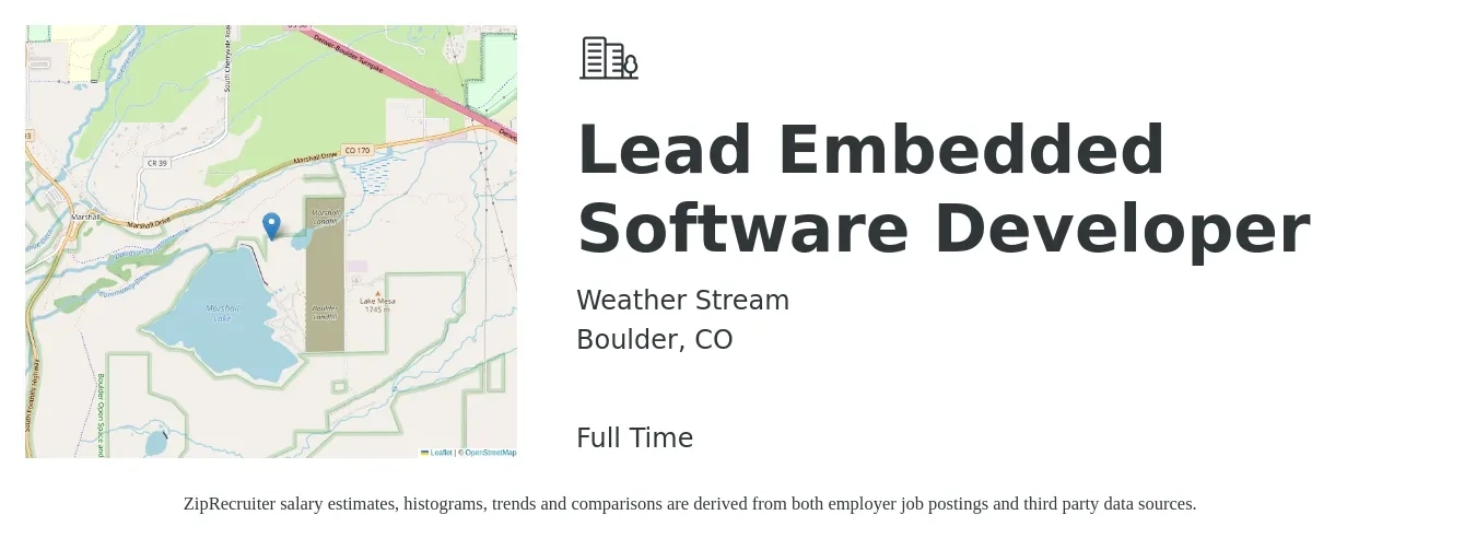 Weather Stream job posting for a Lead Embedded Software Developer in Boulder, CO with a salary of $125,000 to $140,000 Yearly with a map of Boulder location.