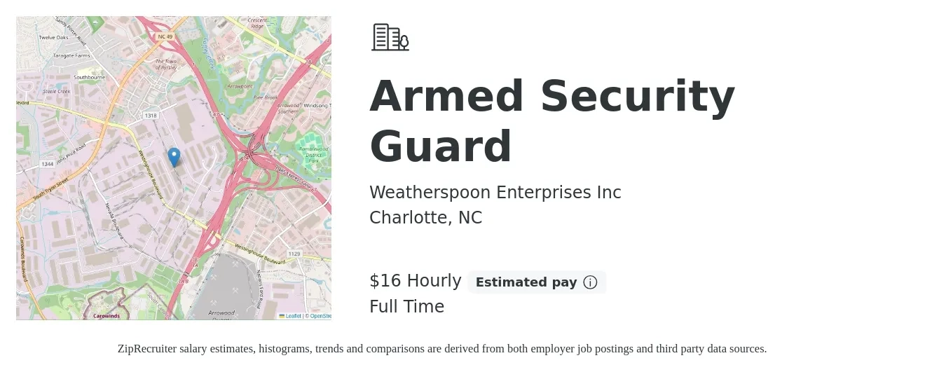 Weatherspoon Enterprises Inc job posting for a Armed Security Guard in Charlotte, NC with a salary of $17 to $18 Hourly with a map of Charlotte location.
