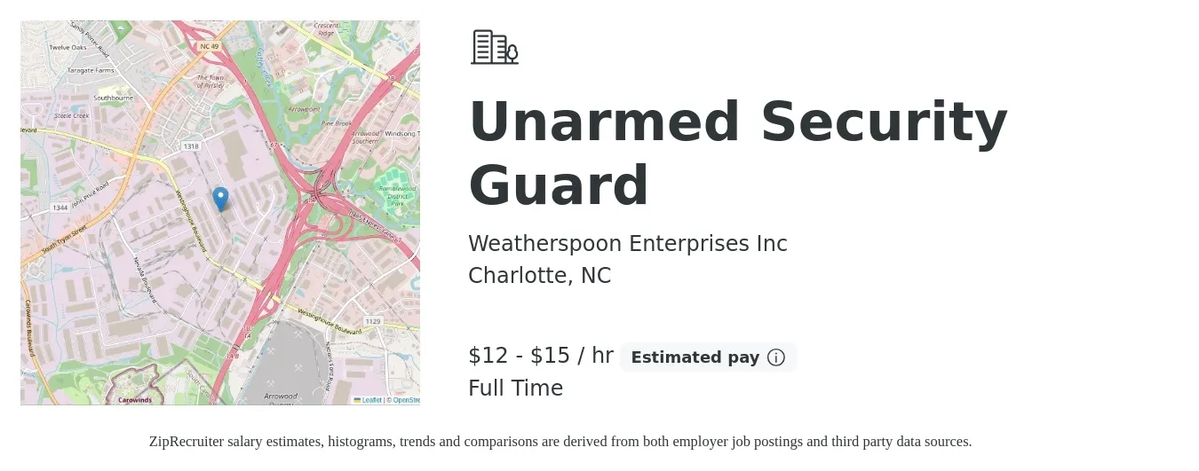Weatherspoon Enterprises Inc job posting for a Unarmed Security Guard in Charlotte, NC with a salary of $13 to $16 Hourly with a map of Charlotte location.