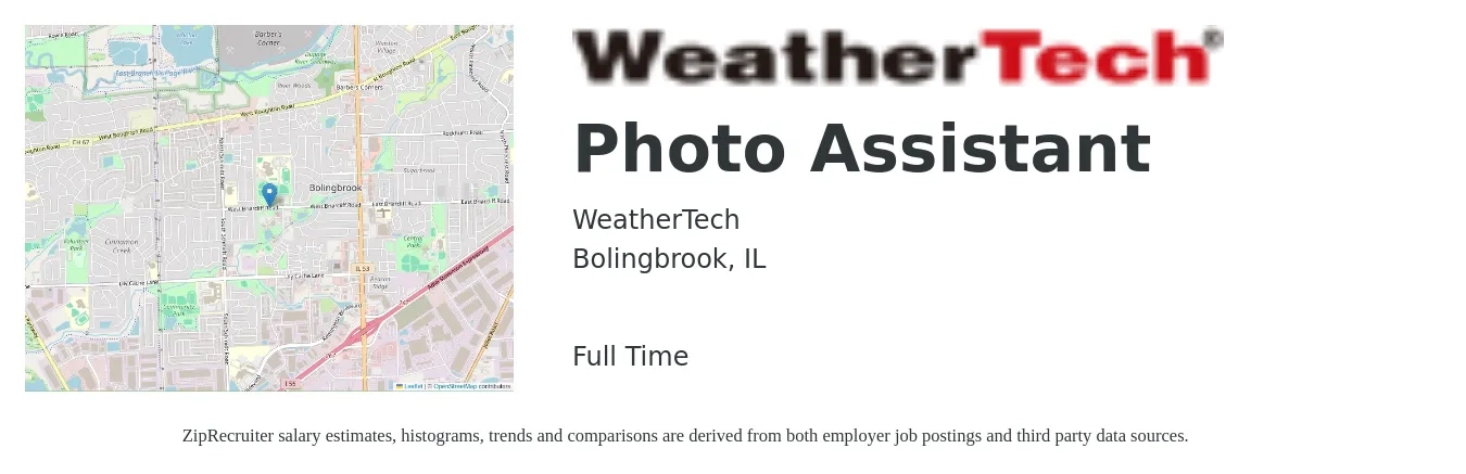 WeatherTech job posting for a Photo Assistant in Bolingbrook, IL with a salary of $16 to $24 Hourly with a map of Bolingbrook location.