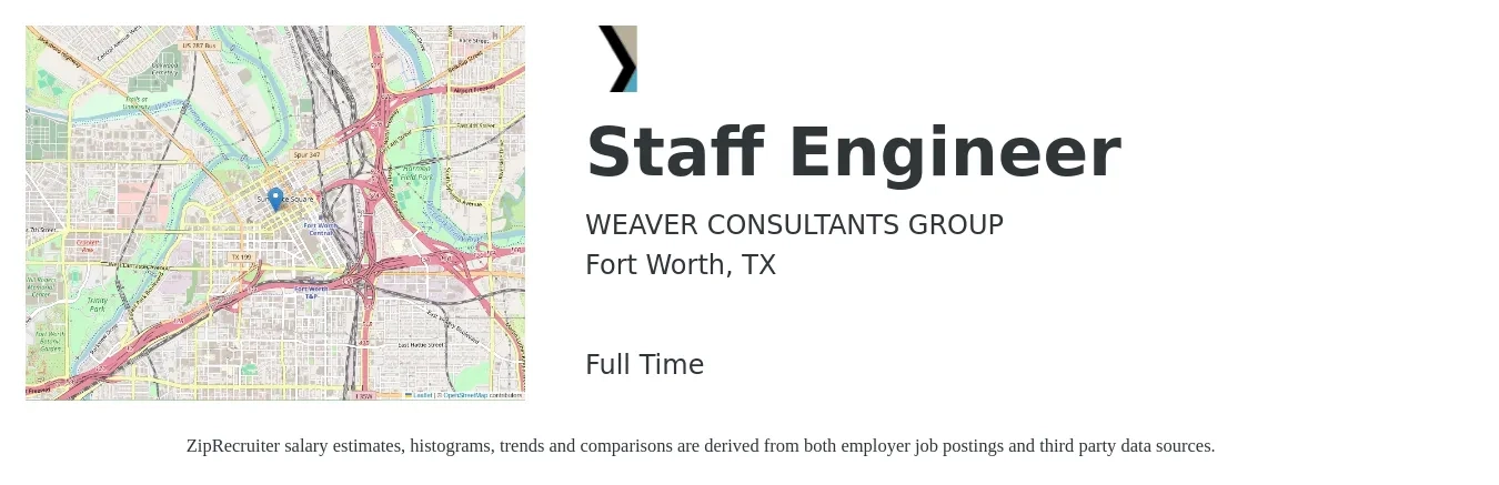 WEAVER CONSULTANTS GROUP job posting for a Staff Engineer in Fort Worth, TX with a salary of $66,100 to $119,700 Yearly with a map of Fort Worth location.