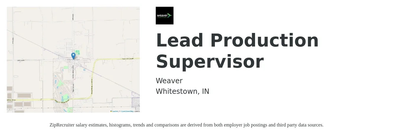 Weaver job posting for a Lead Production Supervisor in Whitestown, IN with a salary of $57,300 to $82,400 Yearly with a map of Whitestown location.