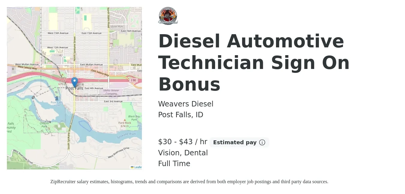 Weavers Diesel job posting for a Diesel Automotive Technician Sign On Bonus in Post Falls, ID with a salary of $32 to $45 Hourly and benefits including dental, life_insurance, pto, retirement, and vision with a map of Post Falls location.