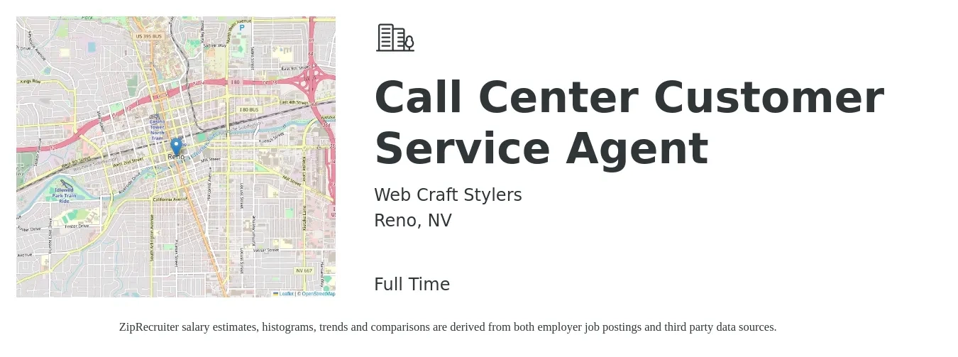 Web Craft Stylers job posting for a Call Center Customer Service Agent in Reno, NV with a salary of $16 to $20 Hourly with a map of Reno location.