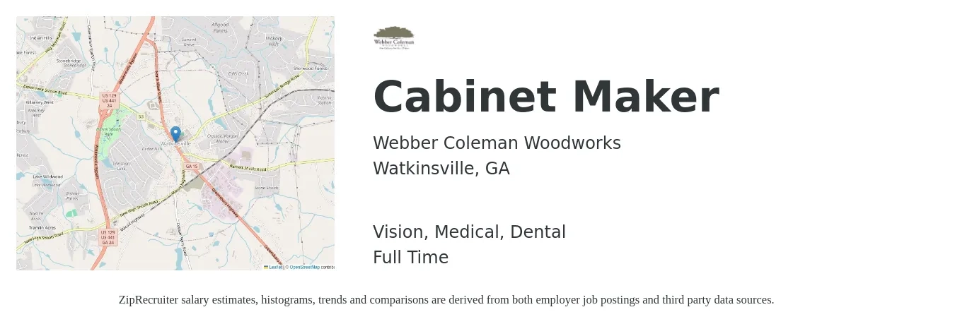Webber Coleman Woodworks job posting for a Cabinet Maker in Watkinsville, GA with a salary of $16 to $22 Hourly and benefits including life_insurance, medical, retirement, vision, and dental with a map of Watkinsville location.