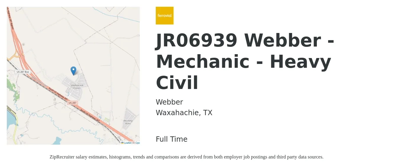 Webber job posting for a Webber - Mechanic - Heavy Civil in Waxahachie, TX with a salary of $25 to $33 Hourly with a map of Waxahachie location.