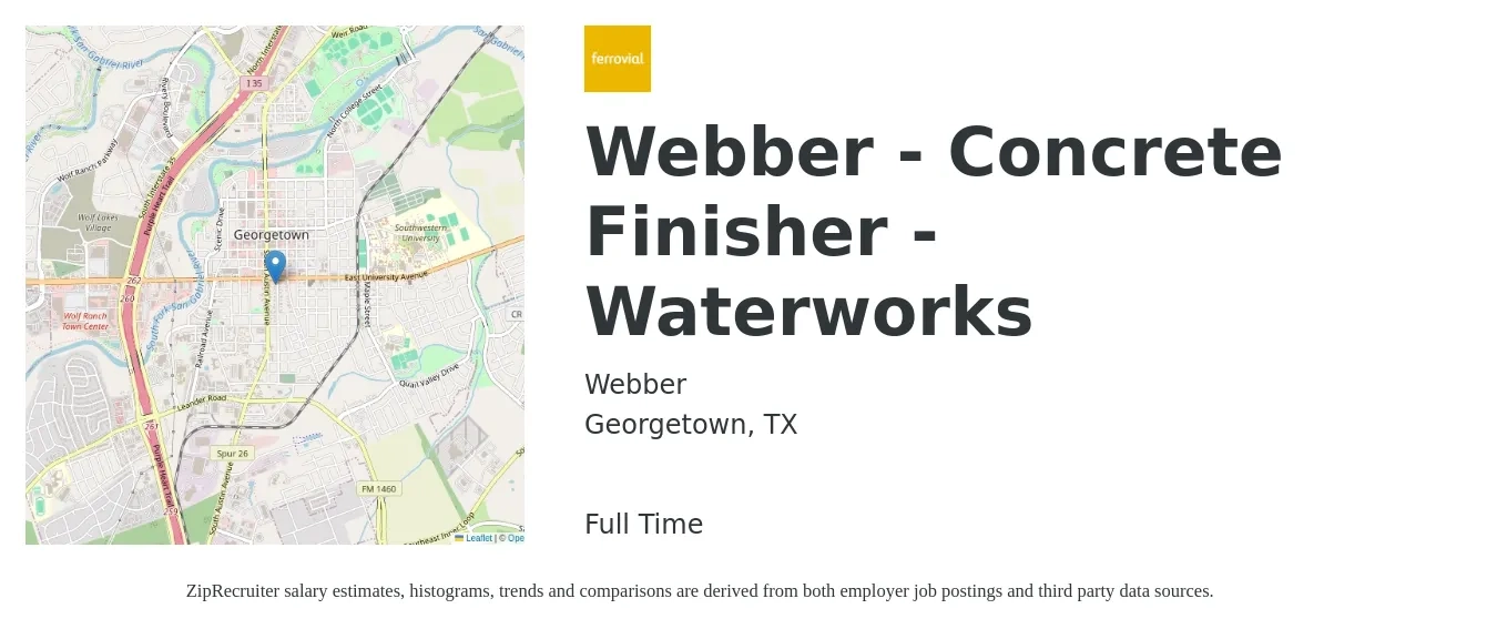 Webber job posting for a Webber - Concrete Finisher - Waterworks in Georgetown, TX with a salary of $19 to $26 Hourly with a map of Georgetown location.