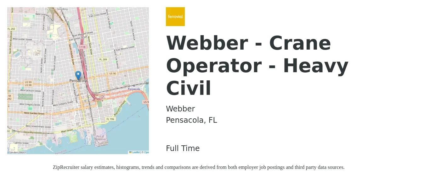 Webber job posting for a Webber - Crane Operator - Heavy Civil in Pensacola, FL with a salary of $21 to $32 Hourly with a map of Pensacola location.