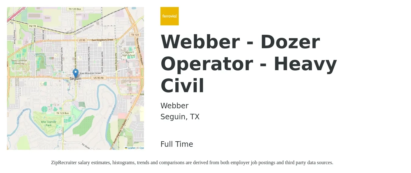 Webber job posting for a Webber - Dozer Operator - Heavy Civil in Seguin, TX with a salary of $19 to $25 Hourly with a map of Seguin location.