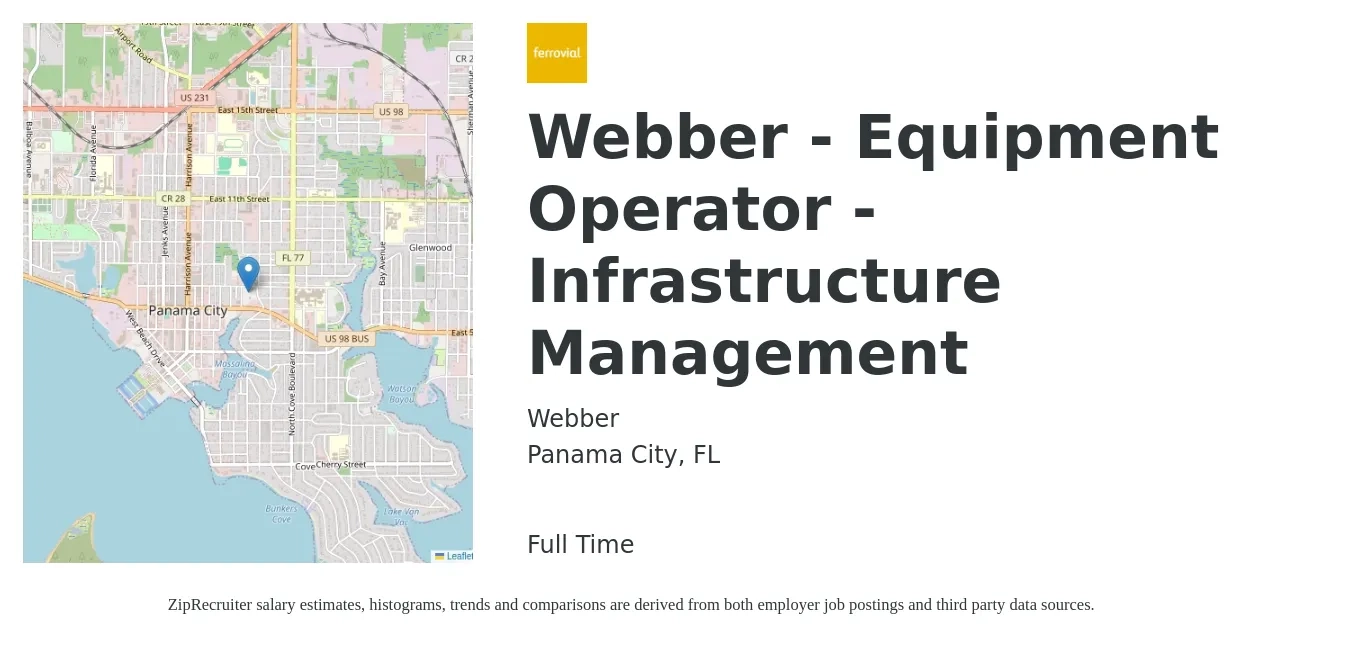 Webber job posting for a Webber - Equipment Operator - Infrastructure Management in Panama City, FL with a salary of $16 to $22 Hourly with a map of Panama City location.