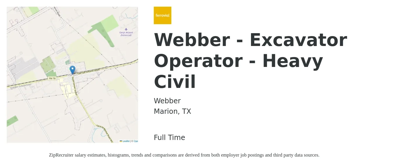 Webber job posting for a Webber - Excavator Operator - Heavy Civil in Marion, TX with a salary of $20 to $26 Hourly with a map of Marion location.