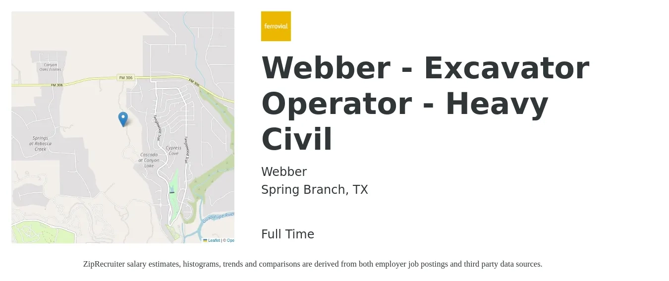 Webber job posting for a Webber - Excavator Operator - Heavy Civil in Spring Branch, TX with a salary of $17 to $24 Hourly with a map of Spring Branch location.