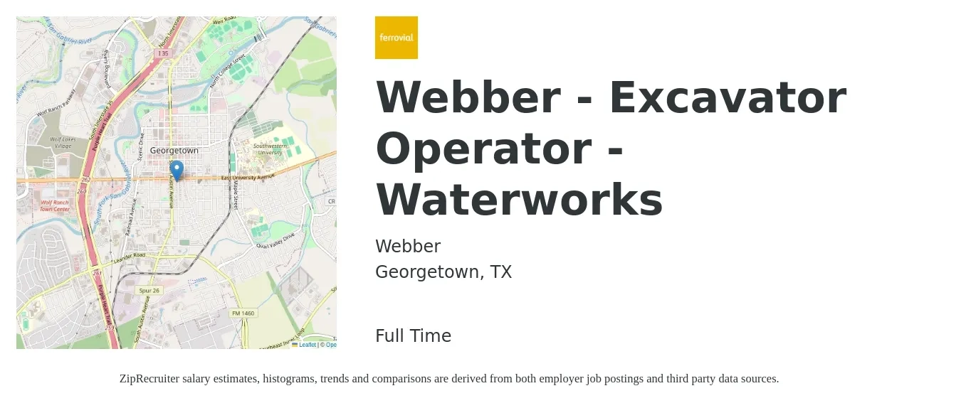 Webber job posting for a Webber - Excavator Operator - Waterworks in Georgetown, TX with a salary of $21 to $28 Hourly with a map of Georgetown location.