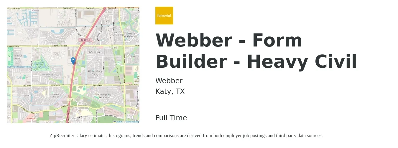 Webber job posting for a Webber - Form Builder - Heavy Civil in Katy, TX with a salary of $18 to $22 Hourly with a map of Katy location.