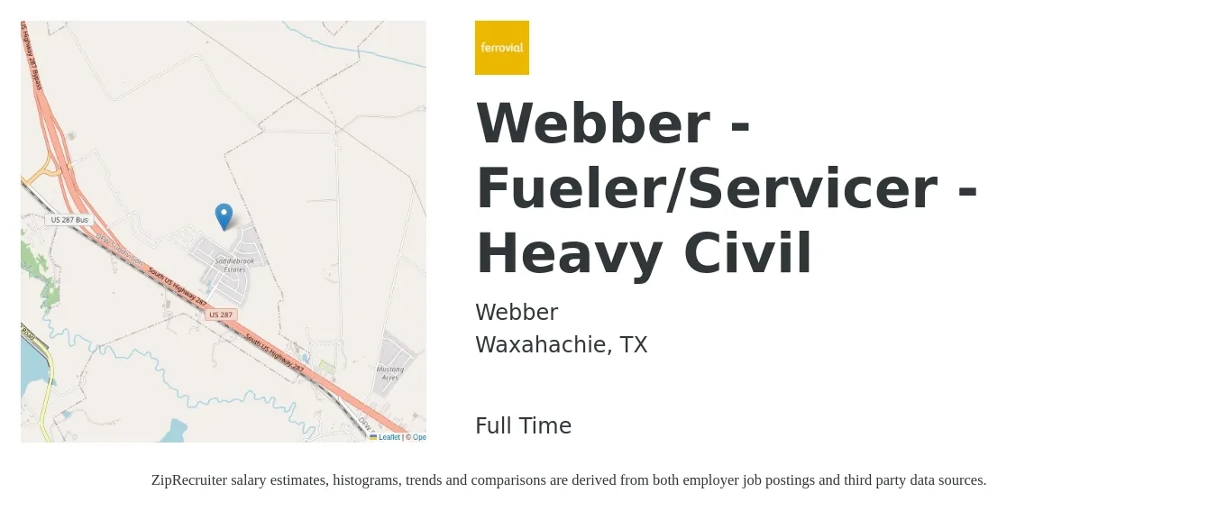 Webber job posting for a Webber - Fueler/Servicer - Heavy Civil in Waxahachie, TX with a salary of $14 to $19 Hourly with a map of Waxahachie location.