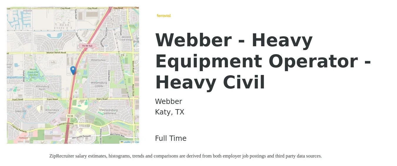 Webber job posting for a Webber - Heavy Equipment Operator - Heavy Civil in Katy, TX with a salary of $18 to $24 Hourly with a map of Katy location.