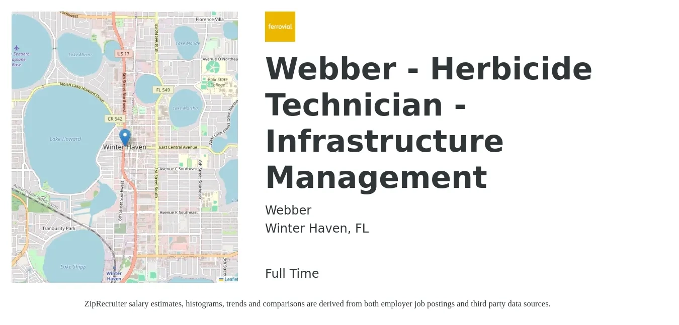 Webber job posting for a Webber - Herbicide Technician - Infrastructure Management in Winter Haven, FL with a salary of $20 to $28 Hourly with a map of Winter Haven location.