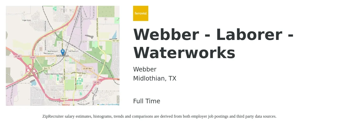 Webber job posting for a Webber - Laborer - Waterworks in Midlothian, TX with a salary of $16 to $21 Hourly with a map of Midlothian location.