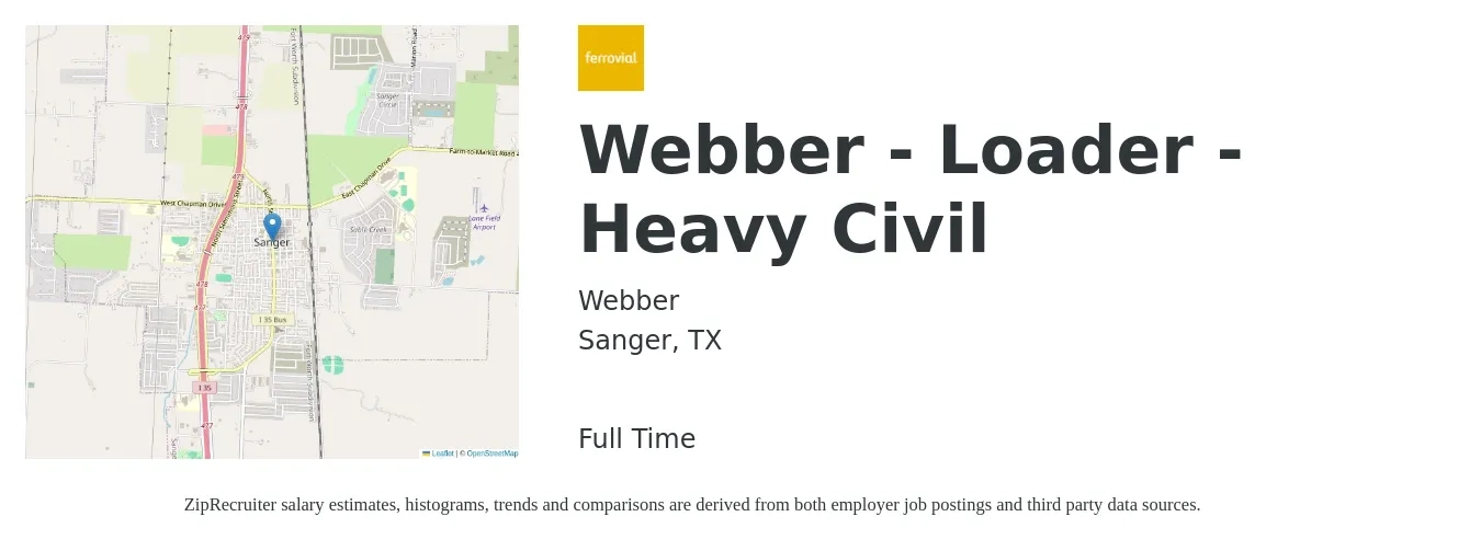 Webber job posting for a Webber - Loader - Heavy Civil in Sanger, TX with a salary of $14 to $19 Hourly with a map of Sanger location.