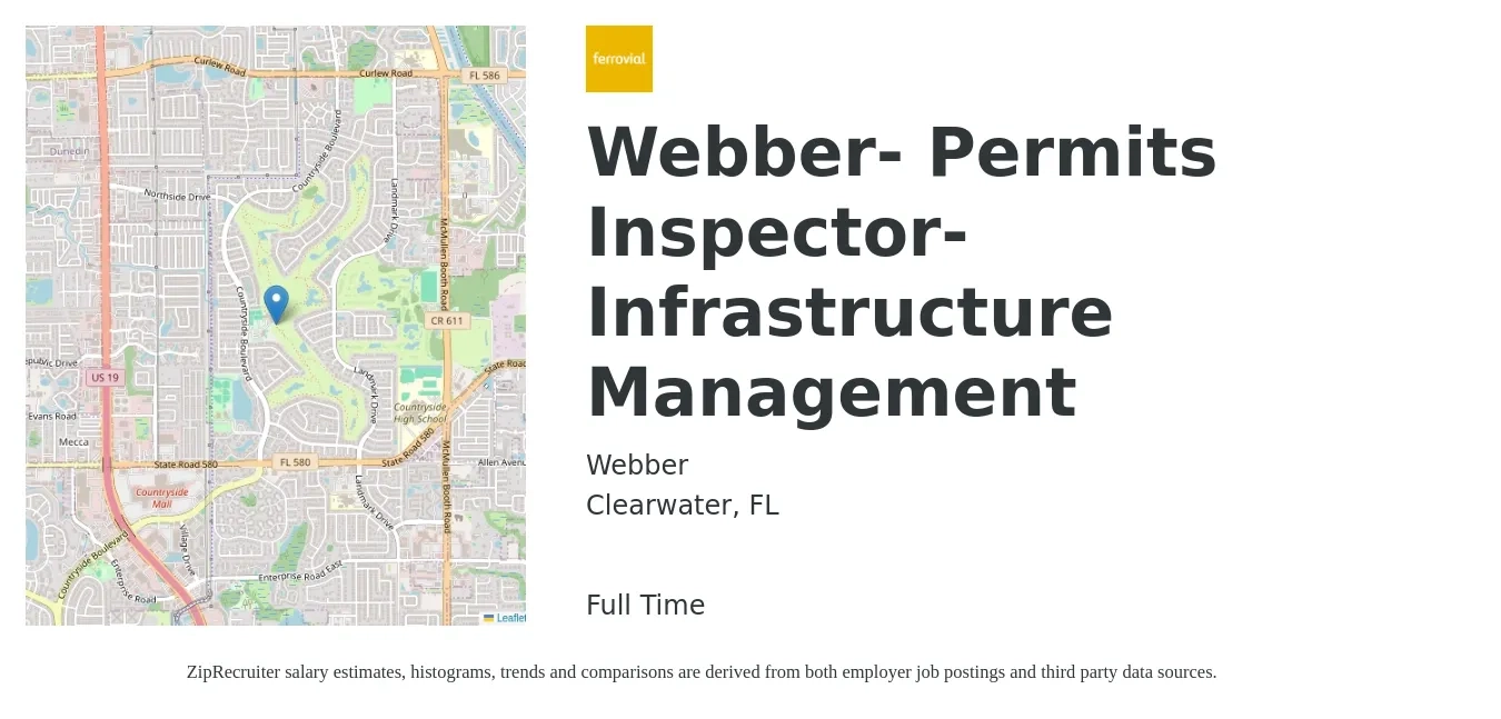 Webber job posting for a Webber- Permits Inspector- Infrastructure Management in Clearwater, FL with a salary of $45,500 to $71,700 Yearly with a map of Clearwater location.