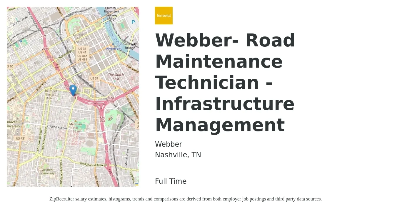 Webber job posting for a Webber- Road Maintenance Technician - Infrastructure Management in Nashville, TN with a salary of $18 to $26 Hourly with a map of Nashville location.