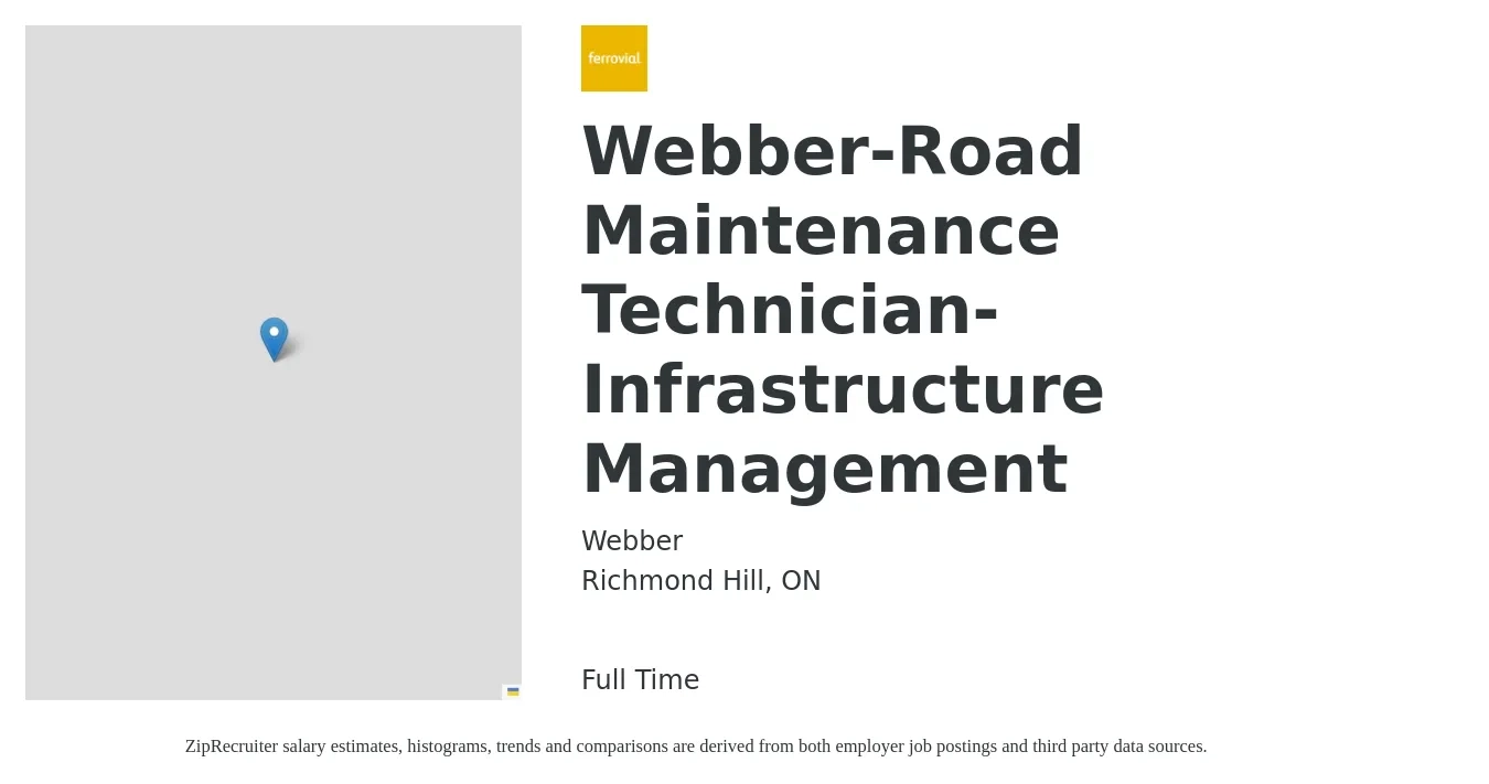 Webber job posting for a Webber-Road Maintenance Technician-Infrastructure Management in Richmond Hill, ON with a map of Richmond Hill location.