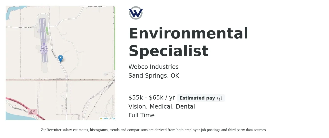 Webco Industries job posting for a Environmental Specialist in Sand Springs, OK with a salary of $37,200 to $62,400 Yearly with a map of Sand Springs location.