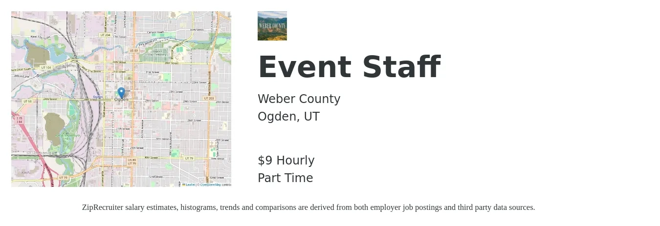 Weber County job posting for a Event Staff in Ogden, UT with a salary of $10 Hourly with a map of Ogden location.