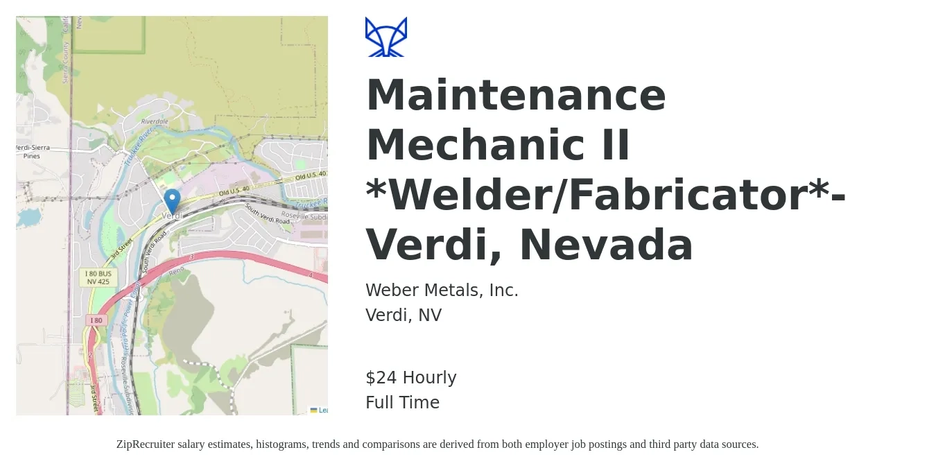 Weber Metals, Inc. job posting for a Maintenance Mechanic II *Welder/Fabricator*- Verdi, Nevada in Verdi, NV with a salary of $26 Hourly with a map of Verdi location.