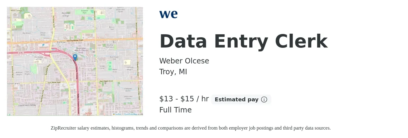 Weber Olcese job posting for a Data Entry Clerk in Troy, MI with a salary of $14 to $16 Hourly with a map of Troy location.