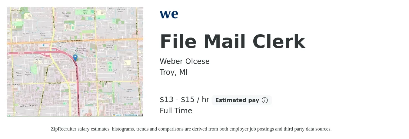 Weber Olcese job posting for a File Mail Clerk in Troy, MI with a salary of $14 to $16 Hourly with a map of Troy location.
