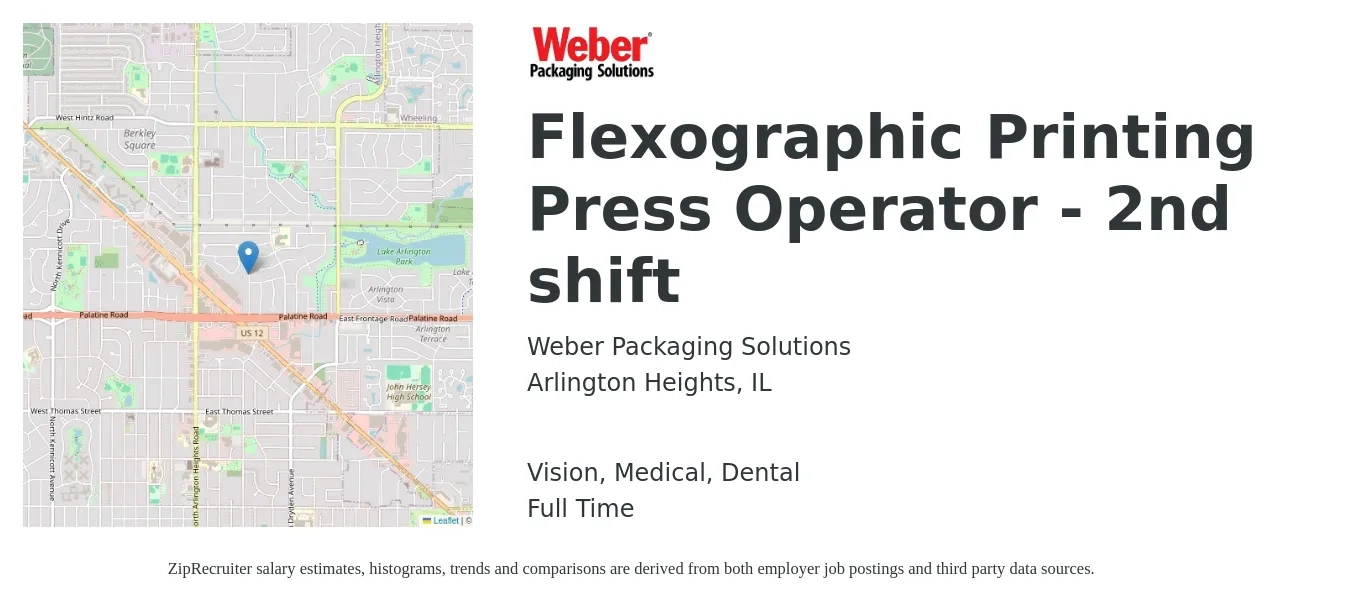 Weber Packaging Solutions job posting for a Flexographic Printing Press Operator - 2nd shift in Arlington Heights, IL with a salary of $22 to $28 Hourly and benefits including dental, life_insurance, medical, pto, retirement, and vision with a map of Arlington Heights location.
