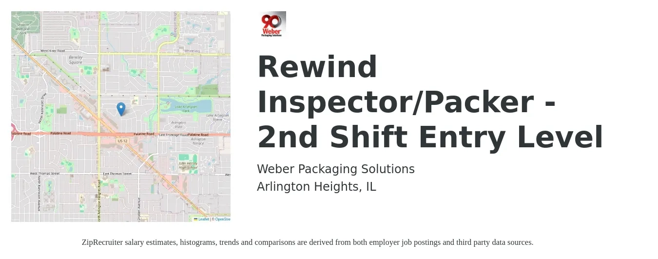 Weber Packaging Solutions job posting for a Rewind Inspector/Packer - 2nd Shift Entry Level in Arlington Heights, IL with a salary of $17 to $22 Hourly with a map of Arlington Heights location.