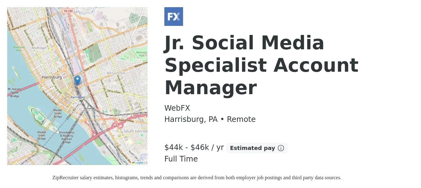WebFX job posting for a Jr. Social Media Specialist Account Manager in Harrisburg, PA with a salary of $44,000 to $46,500 Yearly with a map of Harrisburg location.