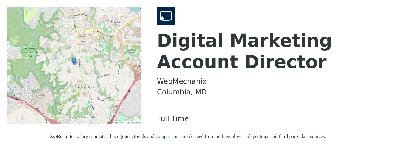 WebMechanix job posting for a Digital Marketing Account Director in Columbia, MD with a salary of $77,900 to $128,500 Yearly with a map of Columbia location.