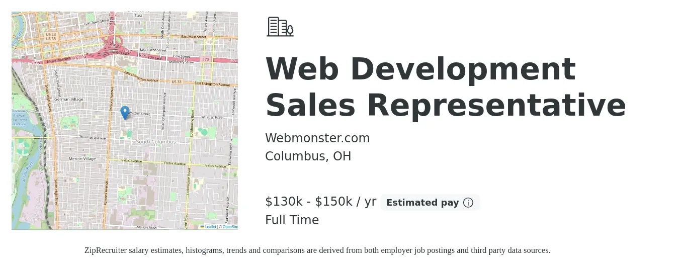 Webmonster.com job posting for a Web Development Sales Representative in Columbus, OH with a salary of $130,000 to $150,000 Yearly with a map of Columbus location.
