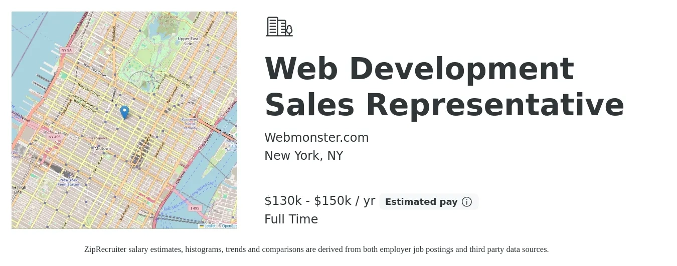 Webmonster.com job posting for a Web Development Sales Representative in New York, NY with a salary of $130,000 to $150,000 Yearly with a map of New York location.