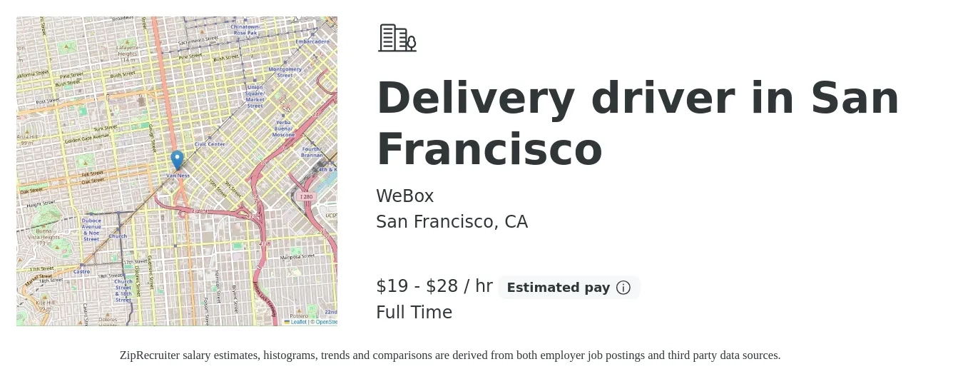 WeBox job posting for a Delivery driver in San Francisco in San Francisco, CA with a salary of $20 to $30 Hourly with a map of San Francisco location.