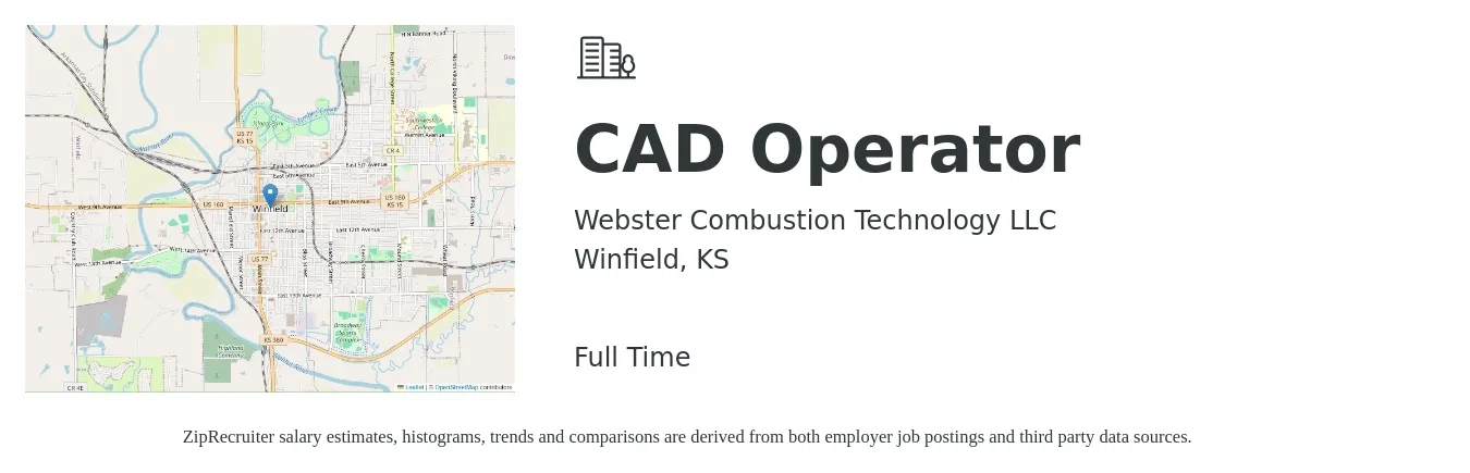 Webster Combustion Technology LLC job posting for a CAD Operator in Winfield, KS with a salary of $17 to $22 Hourly with a map of Winfield location.