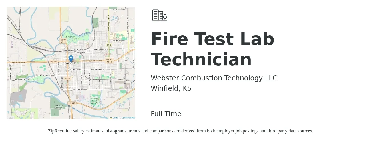 Webster Combustion Technology LLC job posting for a Fire Test Lab Technician in Winfield, KS with a salary of $16 to $27 Hourly with a map of Winfield location.