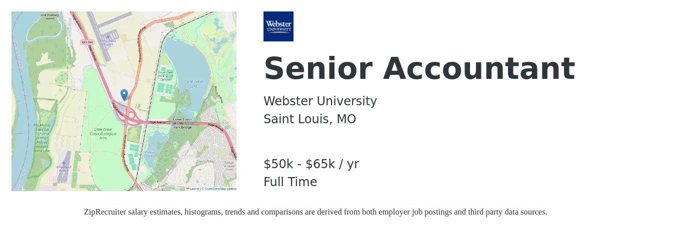 Webster University job posting for a Senior Accountant in Saint Louis, MO with a salary of $50,000 to $65,000 Yearly with a map of Saint Louis location.