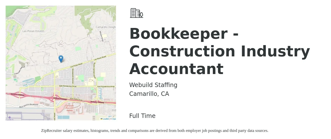Webuild Staffing job posting for a Bookkeeper - Construction Industry Accountant in Camarillo, CA with a salary of $21 to $29 Hourly with a map of Camarillo location.