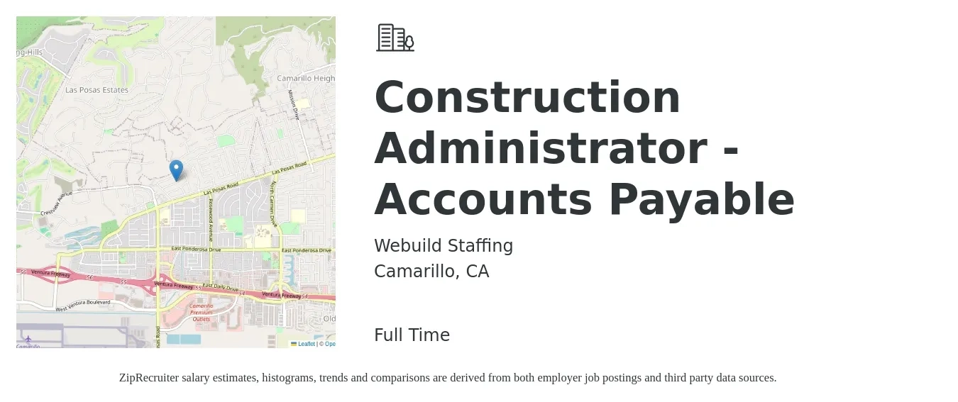 Webuild Staffing job posting for a Construction Administrator - Accounts Payable in Camarillo, CA with a salary of $20 to $28 Hourly with a map of Camarillo location.