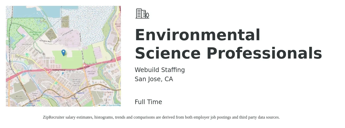 Webuild Staffing job posting for a Environmental Science Professionals in San Jose, CA with a salary of $87,900 to $115,400 Yearly with a map of San Jose location.